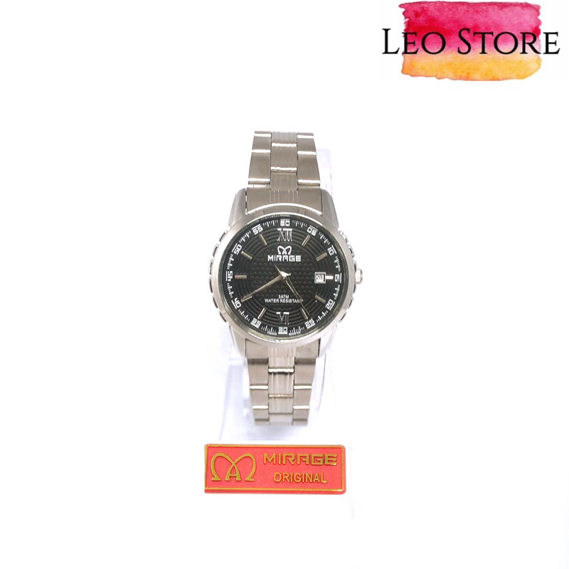 MIRAGE  JAM TANGAN  WANITA A53(8267BRP-L)SIZE KECIL DENGAN RANTAI SILVER PLAT HITAM MOTIF ADA TANGGA