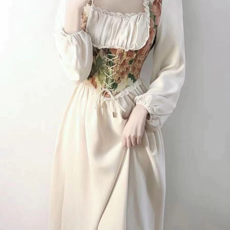 dress lengan panjang Perancis retro vintage