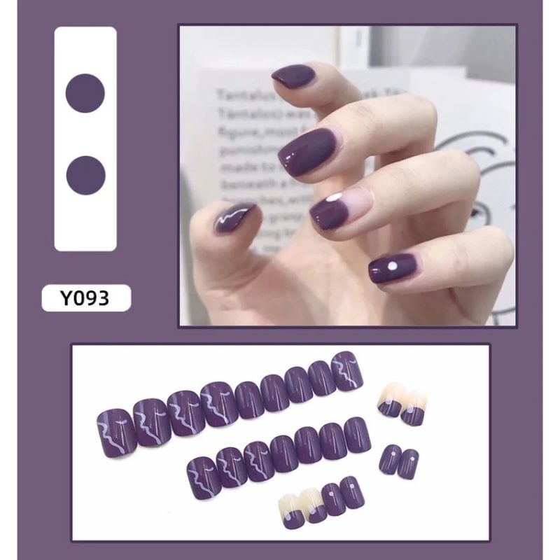 Y093 Kuku Palsu Nail Art Isi 24 Pcs Warna Ungu Putih