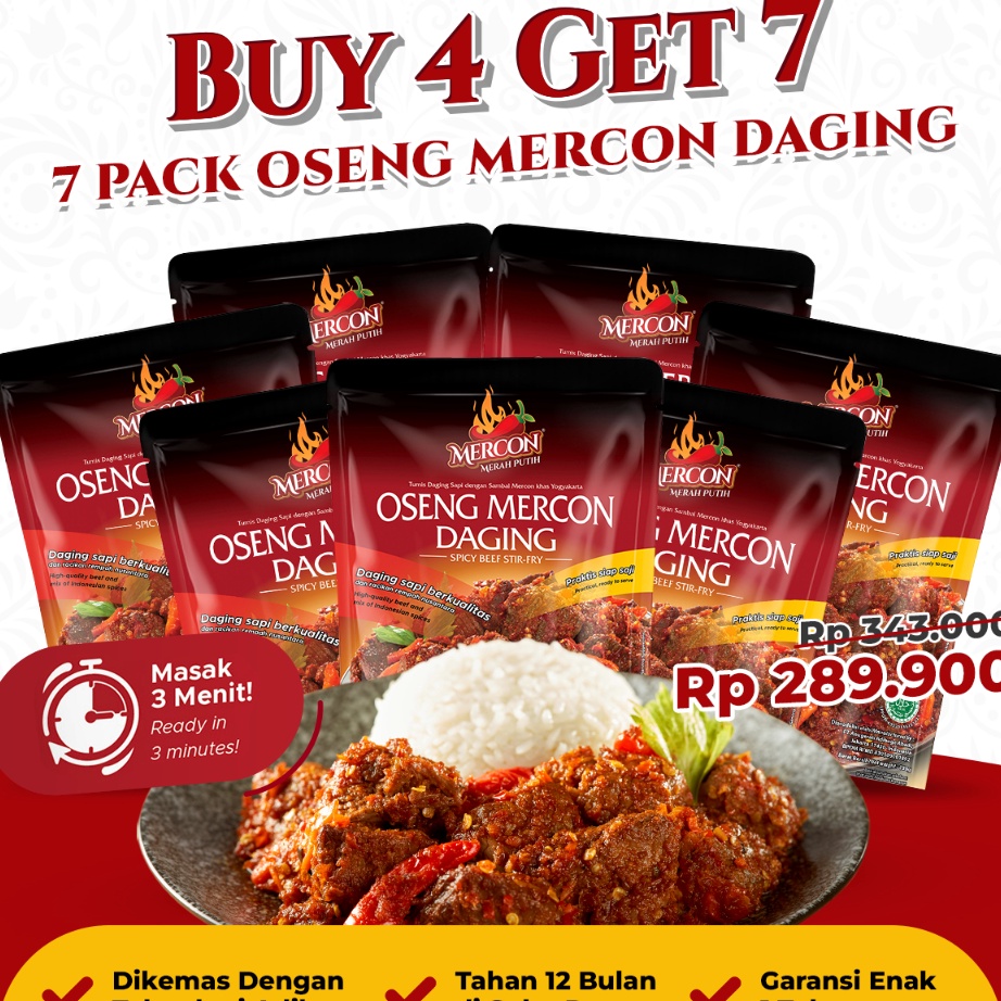 

MEGA SALE Buy4Get7 Hemat Combo Barbar 7 x Oseng Mercon Daging Mercon Merah Putih