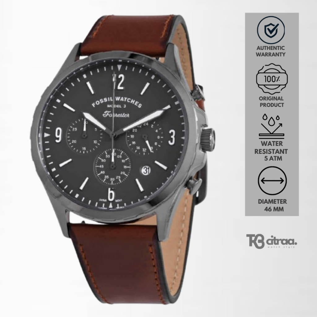 jam tangan fashion pria Fossil Forrester analog strap kulit Chronograph Leather Brown Dial Grey luxury watch water resistant casual sporty original FS5815