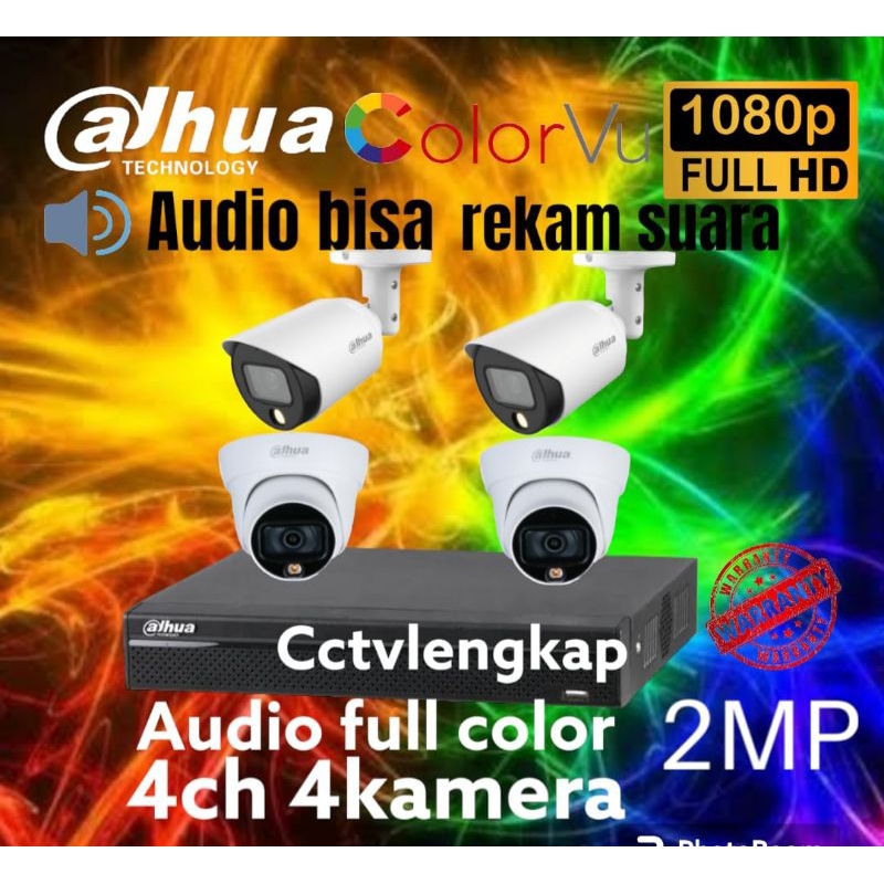 PAKET CCTV DAHUA 4 CHANNEL 4 KAMERA 2MP COLORVU AUDIO FULL COLOR