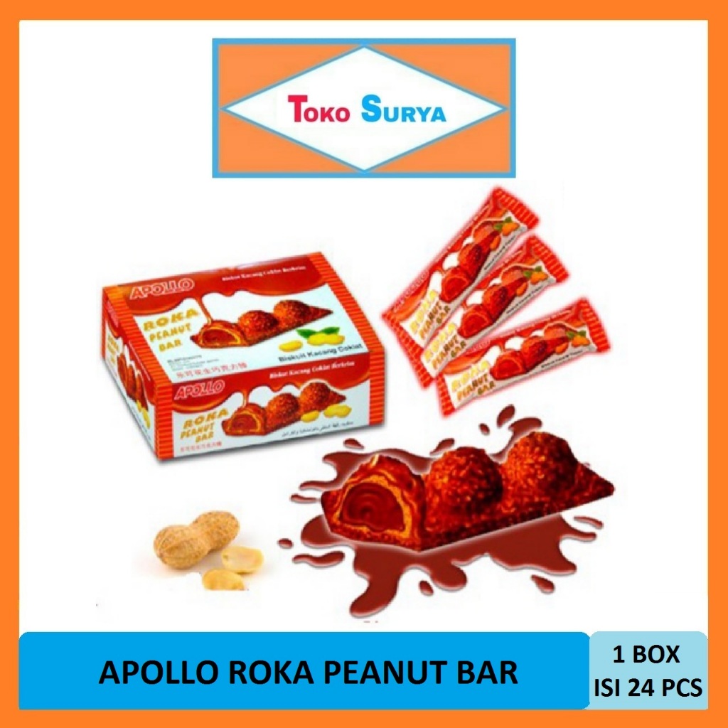 Apollo Roka Peanut Bar Wafer Salut Kacang &amp; Krim Cokelat 24 Pcs x 18 Gr