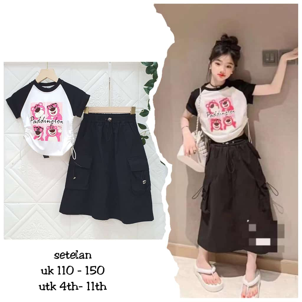 Setelan Anak Perempuan Kaos Lotso Serut Samping+ Celana Kulot/Rok Polos Import