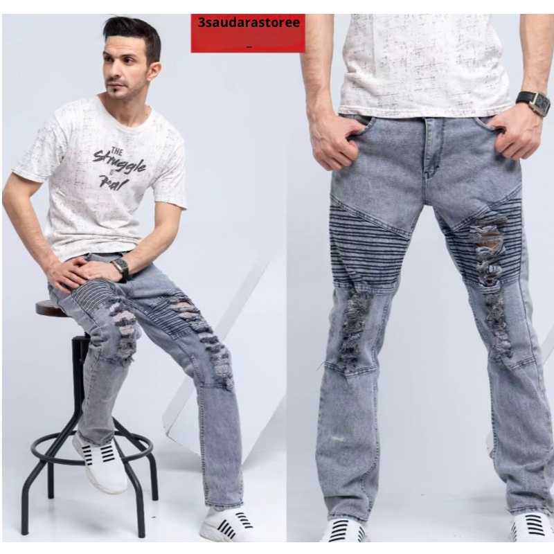 Bikers Rider Ripped - Celana Jeans Pria Sobek Lutut Ripped - Jeans Celana Panjang Snow bikers