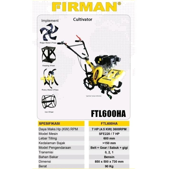 Mesin Tiller FIRMAN Bensin FTL600HA Cultivator Bajak Sawah