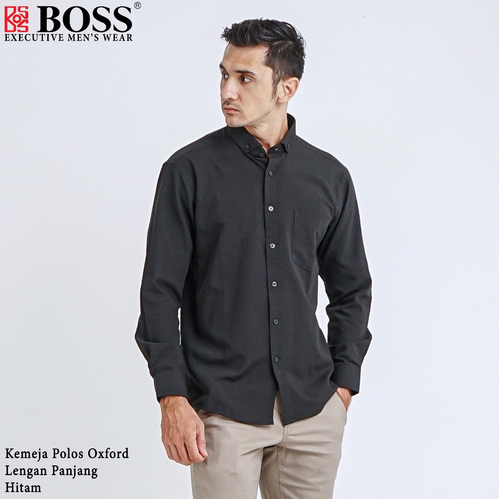 BOSS Kemeja Polos Basic Pria Oxford Cotton Lengan Panjang Slim Fit OXK Hitam