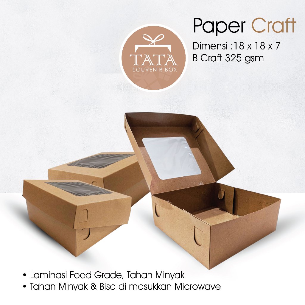 

Uk. 18 x 18 x 7 Box Kraft Coklat Kotak Packing Kue Roti Cake Brownies Dus Donat Hampers Jendela Laminasi, Dus Nasi, Catering