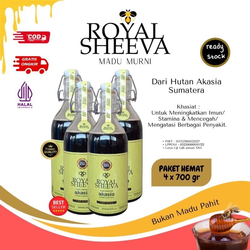 

paket bundle empat botol 700 gr madu murni royal sheeva madu hutan sumatera premium halal lulus uji lab