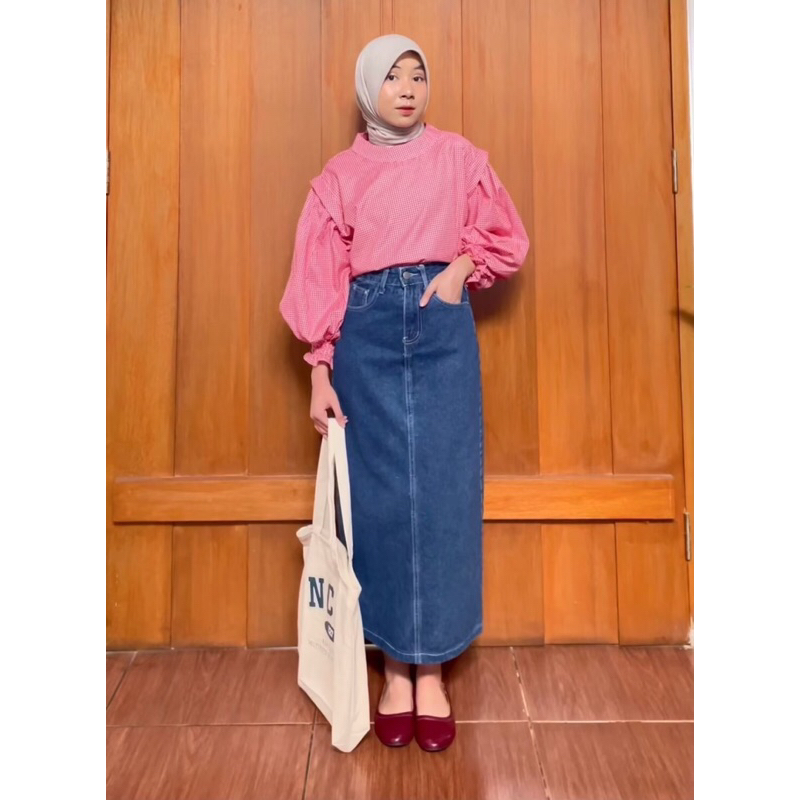 CHAE GINGHAM TOP PUFFY BLOUSE | ATASAN MOTIF TARTAN KOTAK BLUS LENGAN BALON KATUN