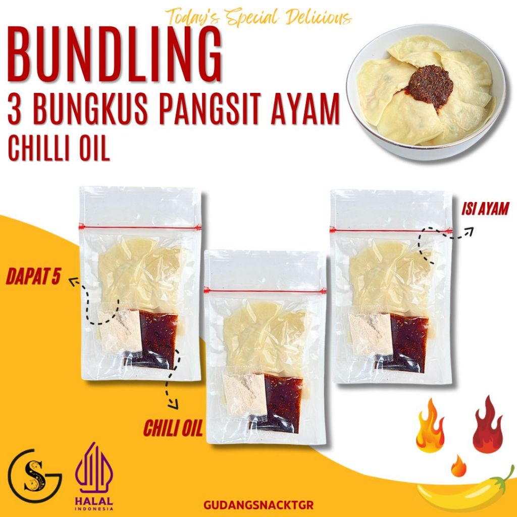 

Bundling Hemat 3 Bungkus Pangsit Ayam Chilli Oil Kuah Atau Goreng