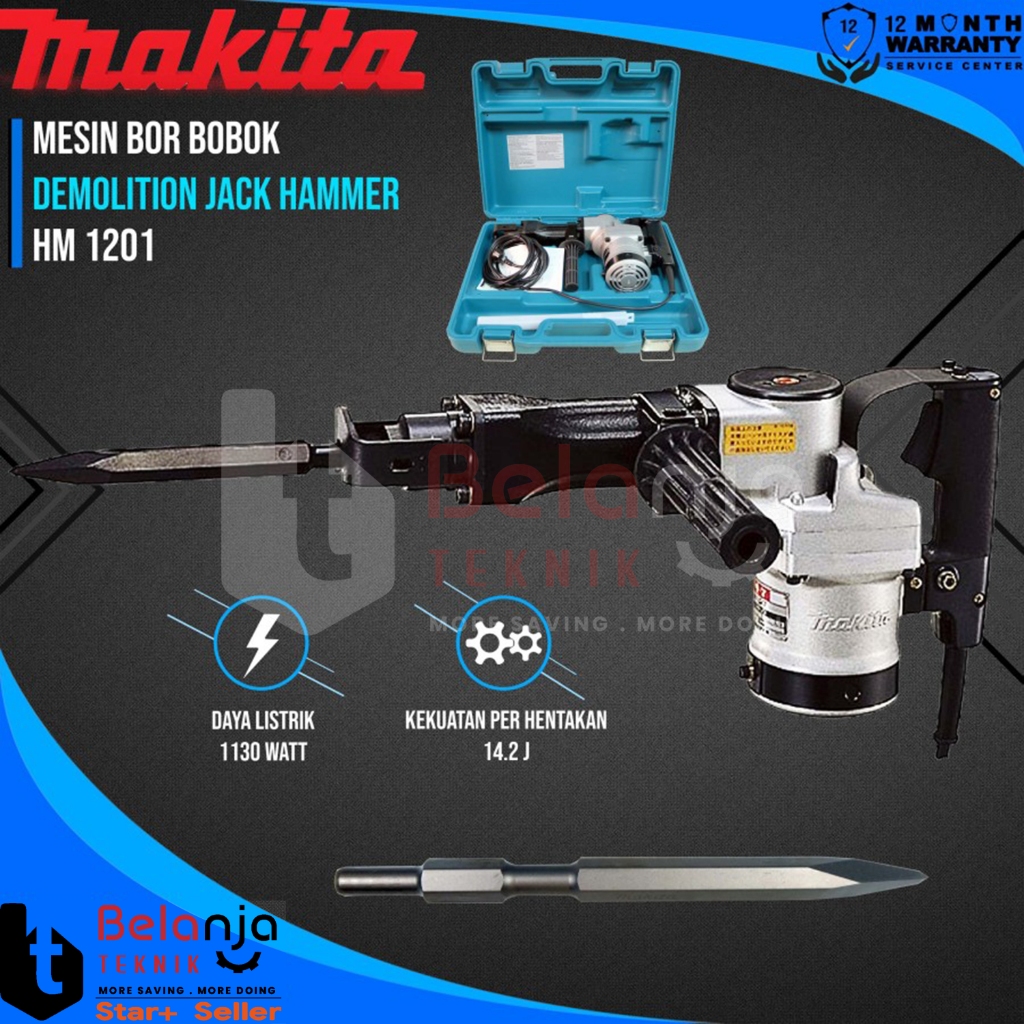 Makita Mesin Bor Bobok Beton HM 1201 Demolition Hammer 1130 Watt HM1201 Jack Hammer