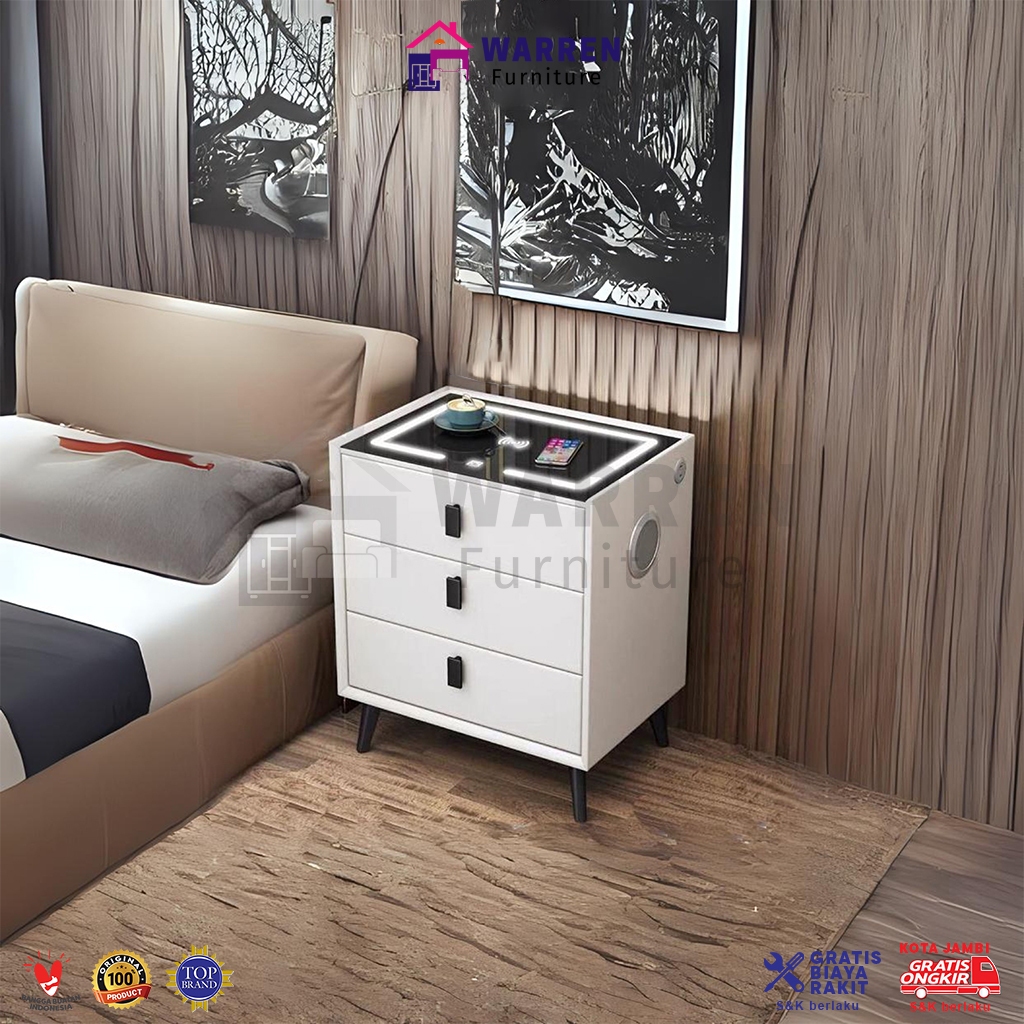 Nakas Bluetooth / smart bedside table / Rak laci / meja wireless charging + drawer + Lampu + Speaker