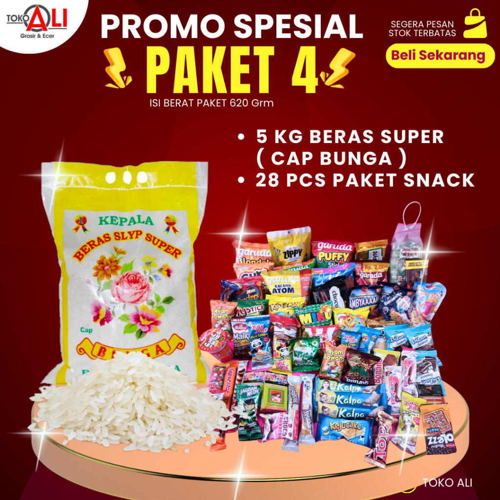 Paket 4 Sembako murah beras super 5 kg cap Bunga pulen lengkap camilan snack