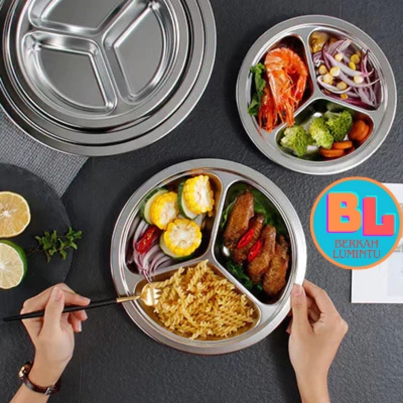 Piring 3 Sekat Stainless Steel Piring Makan Anak Fast Food Murah Tempat Makan Stainless