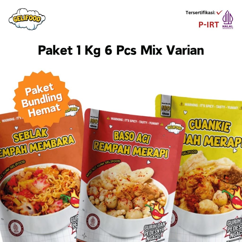 

Geli Food - Combo Hemat 6 Pcs Geli Food Instan Best Seller ( Baso Aci - Cuanki - Seblak Merapi )