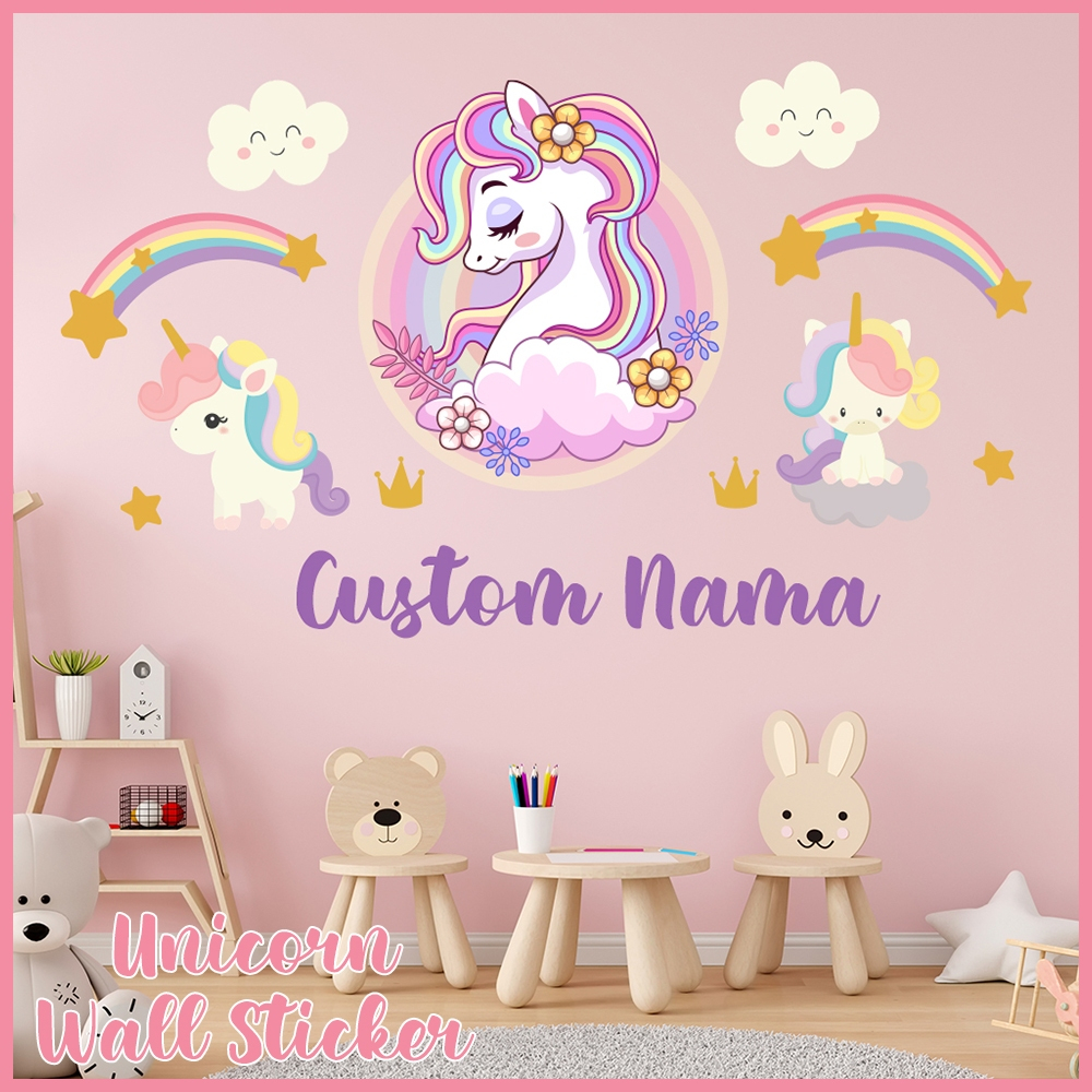 CANV Stiker Dinding Custom Nama Unicorn Rainbow Dekorasi Kamar Anak