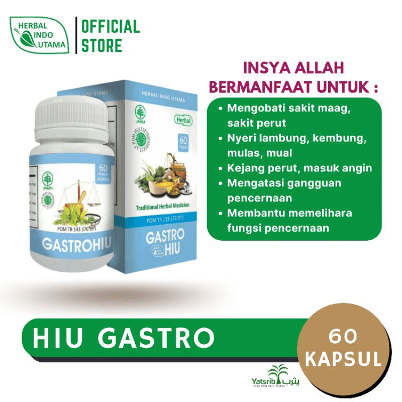 

HIU GASTRO Kapsul Obat Lambung Herbal Obat Maag Kapsul Maag Asam Lambung GERD Kapsul Gerd Sakit Perut Kembung Tukak Lambung Luka di Lambung Mual Muntah Kejang Perut Masuk Angin isi 60 Kapsul kapsulherbal HERBAL INDO UTAMA