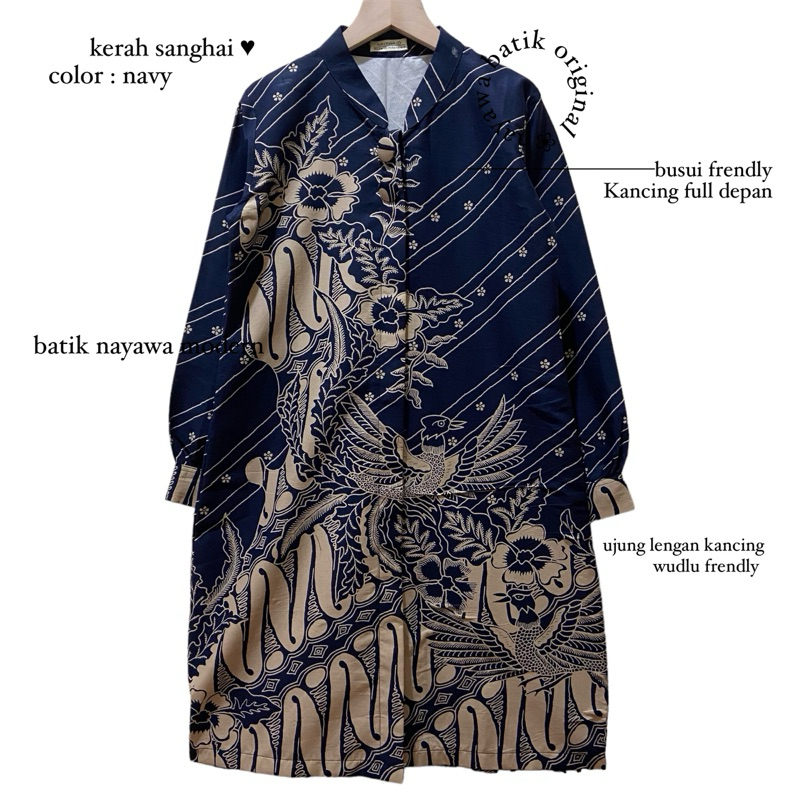 Batik Nayawa Chandani Tunik Batik Modern Warna Biru Navy Motif Bunga