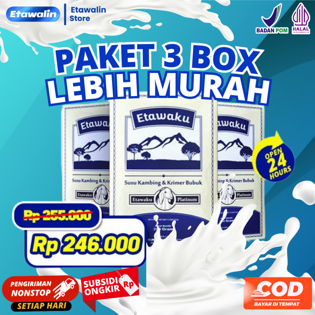 

Etawaku Platinum Paket 3 Box - Susu Kambing Etawa Murni + Krimer Bubuk yang Berkhasiat Tinggi Memiliki Kandungan Protein dan Vitamin Kompleks yang lengkap dan Rendah Lemak serta Dapat Mengatasi Nyeri Persendian