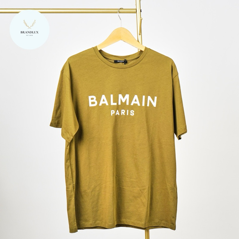 BALMAIN Men’s Flocked Balmain Logo T-Shirt Brown Green
