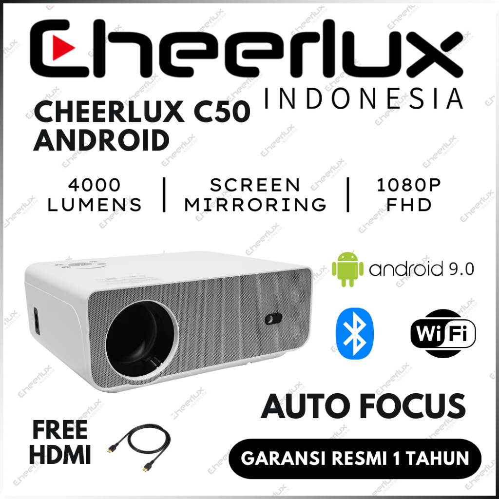Proyektor Cheerlux C50 Android Wifi Bluetooth Auto Focus 4000 Lumens 1080P FHD Projector Cheerlux