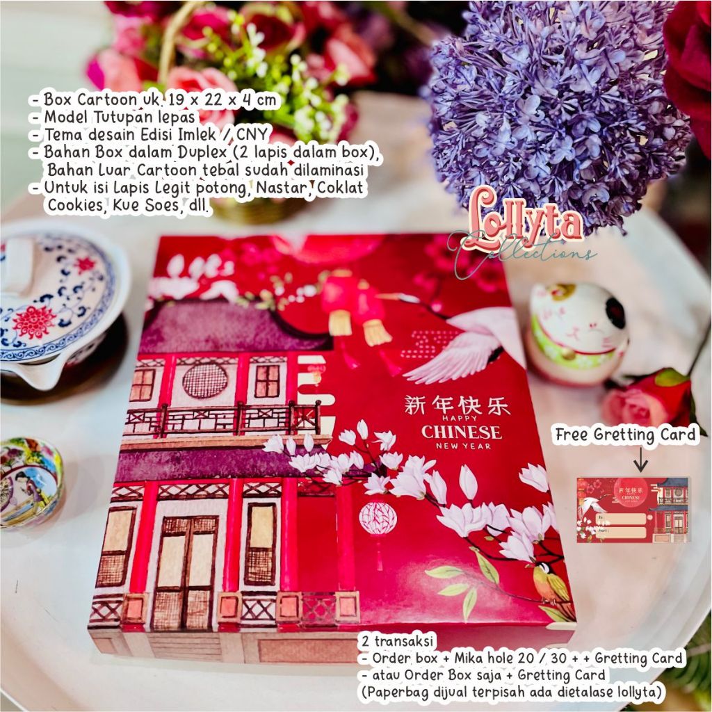 

Box Nastar / lapgit Bites dan Mika Hole 20/30 Tema CNY Ancient Chinese house