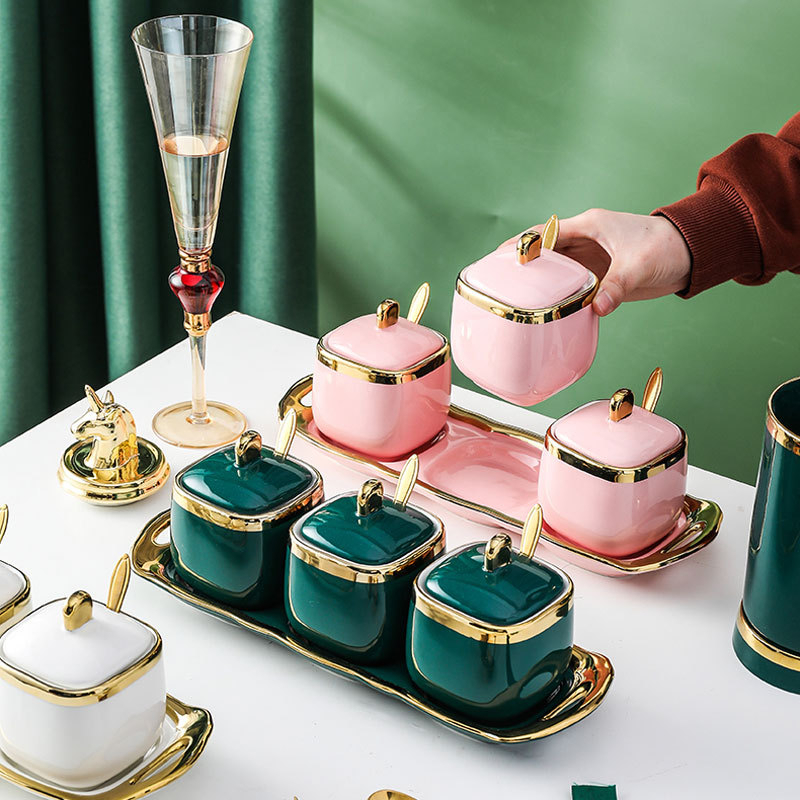 [Casa De Luxo] Tempat Bumbu Keramik List Gold  Berbagai Warna Tempat Bumbu Elegan Tempat Bumbu Keram