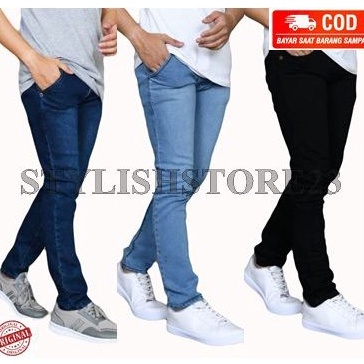 Baru Id2y2Xm celana jeans pensil hitam giordano pria cowok Skinny Slimfit biru muda biru dongker abu