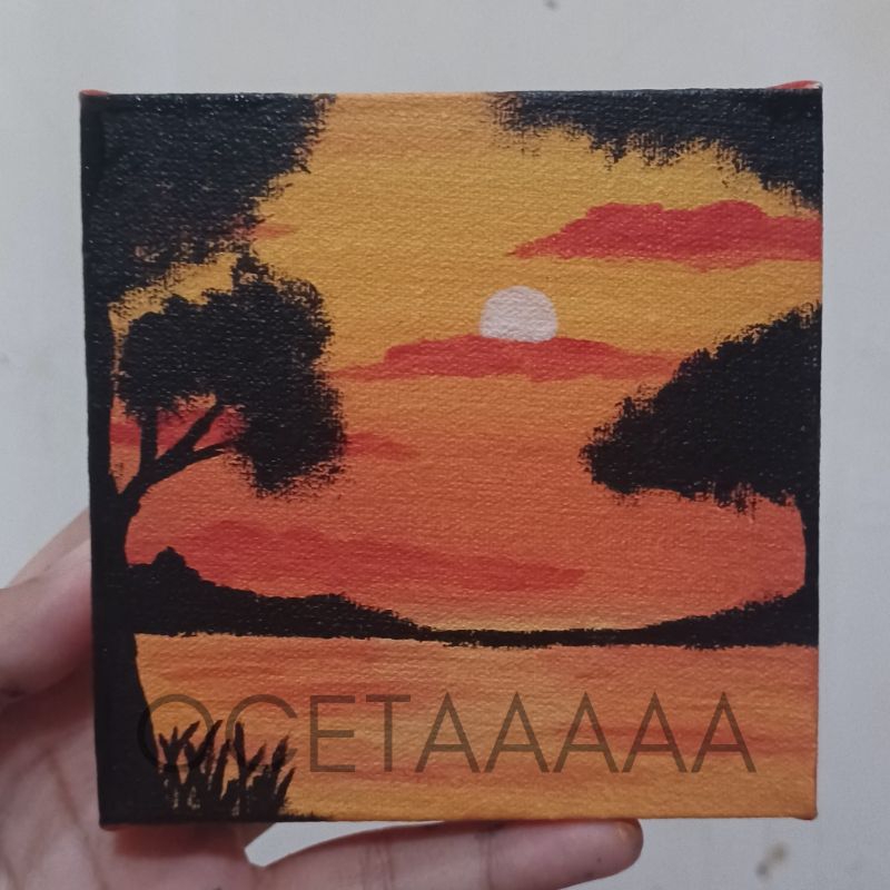 Lukisan Kanvas 10×10 Pajangan Dinding Kamar Estetik Lukisan Laut Langit Senja Cat Akrilik Mini Hiasa
