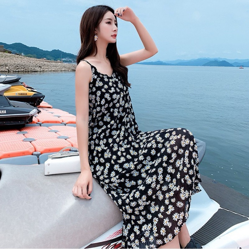 Dress Wanita Korea Flora Motif Bunga Daisy