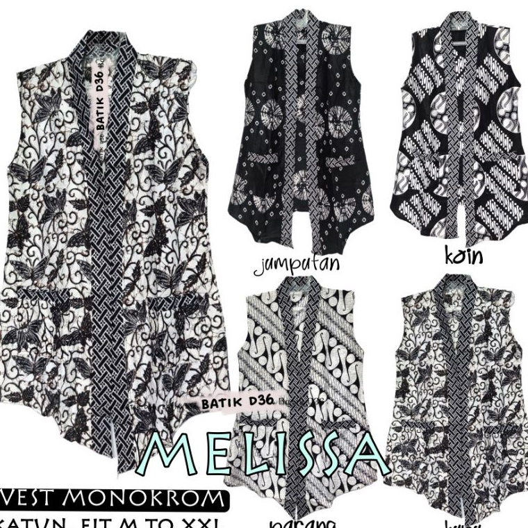 Hemat trx1x1Wl Vest monokrom katun saku ada jumbo melissa Baju luaran tanpa lengan motif batik wanit
