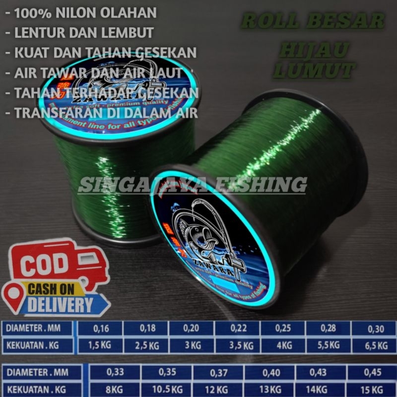 Senar pancing kecil super kuat anti keriting ZAWARA warna HIJAU LUMUT panjang 1800 meter bahan nilon