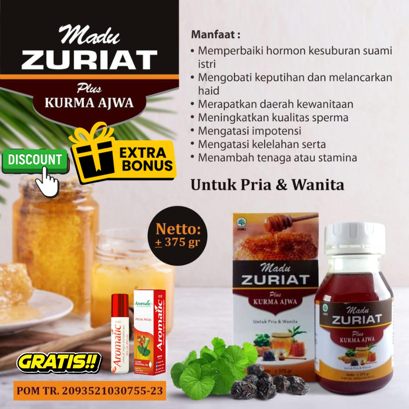 

Madu Promil Zuriat Plus Kurma Ajwa Original 375gram