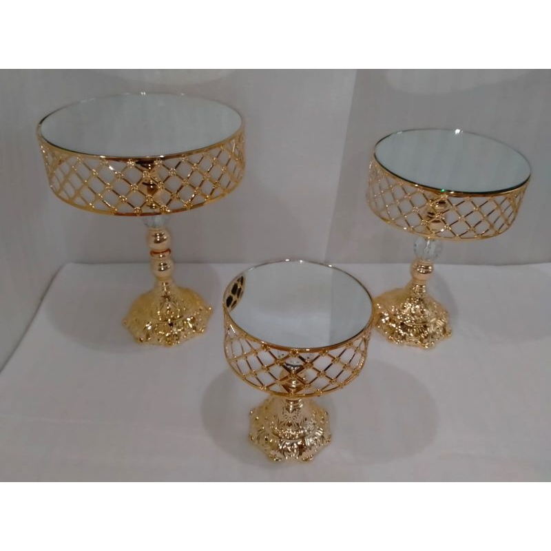 mirror Gold cake stand tempat kue kaca kristal gold mewah