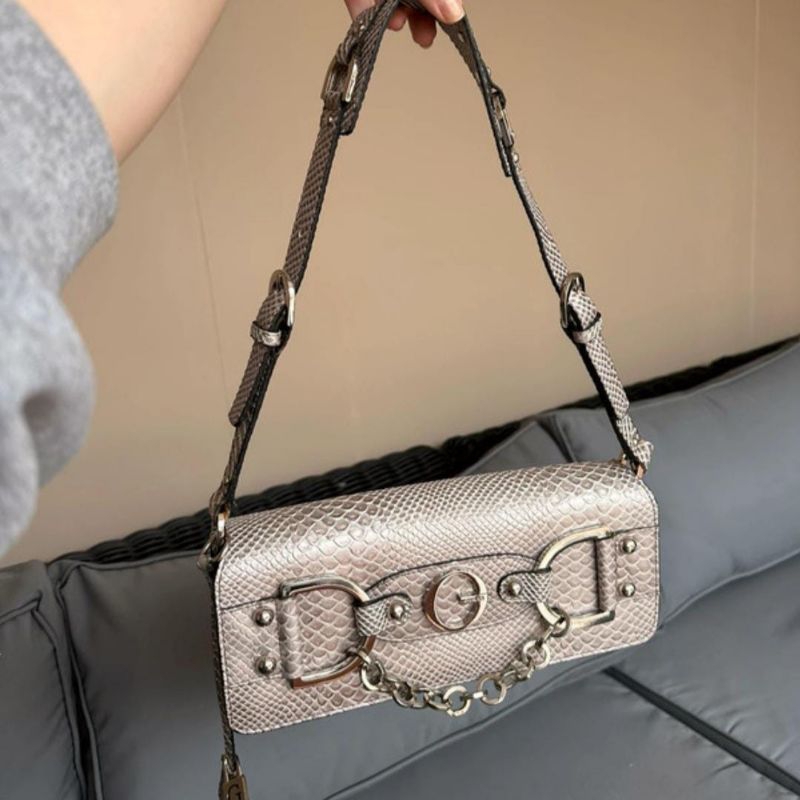 Vintage GUESS mini bag silver peach faux snake skin purse - tas wanita