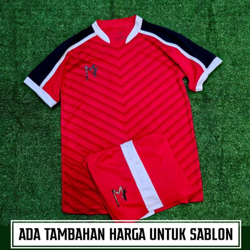MUZAKAR Baju Futsal Setelan Stelan Jersey Bola Merah list putih hitam bisa sablon