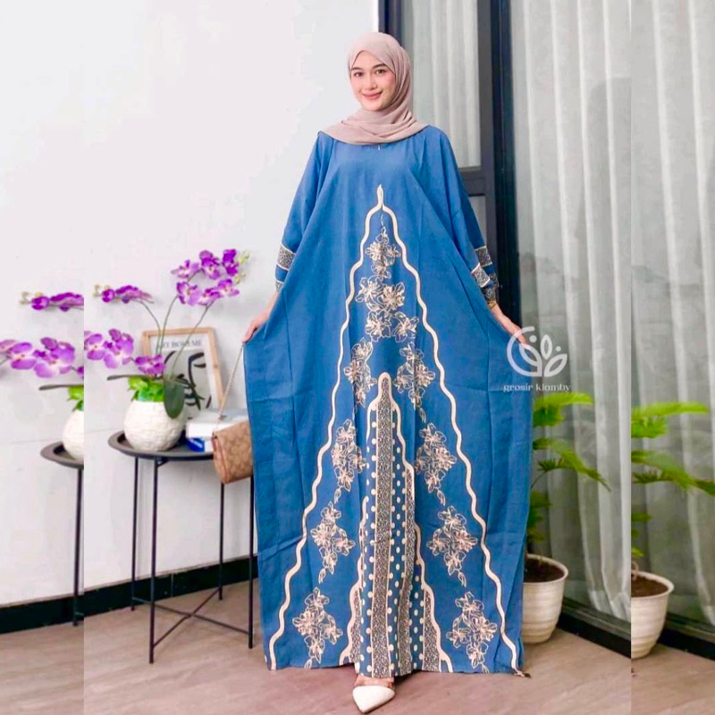 Kaftan Wanita - Daunda Kaftan Size Jumbo XXXXL Motif Daun Lengan Panjang Busui Resleting by Nadira_Fashion / Gamis Rayon Jumbo Kaftan Terbaru-India blue