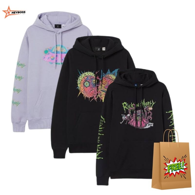 Hoodie Pria HnM Hoodie Wanita HM Rick & Morty Black Full Tag Free Paper Bag