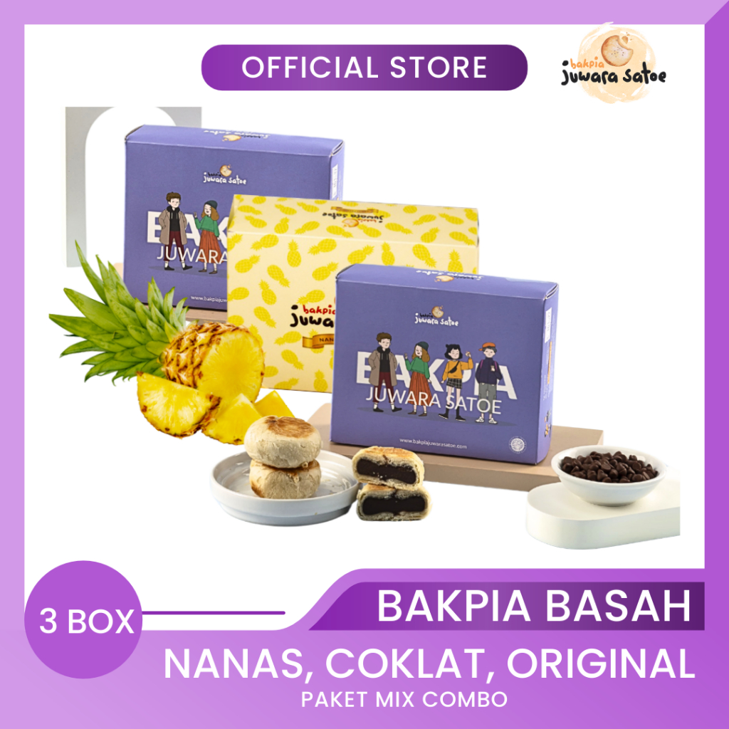 

BAKPIA JUWARA SATOE [ 3 Box ] Paket Mix Combo Bakpia Basah (Nanas, Coklat, Original) - Oleh Oleh Khas Jogja