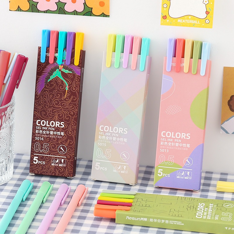 

MINIKIDI (PEN03) Pulpen Pena Tinta Gel Ink Marker Warna warni Retro Macaron 0.5mm Balpoint Bolpen Box set isi 5pcs