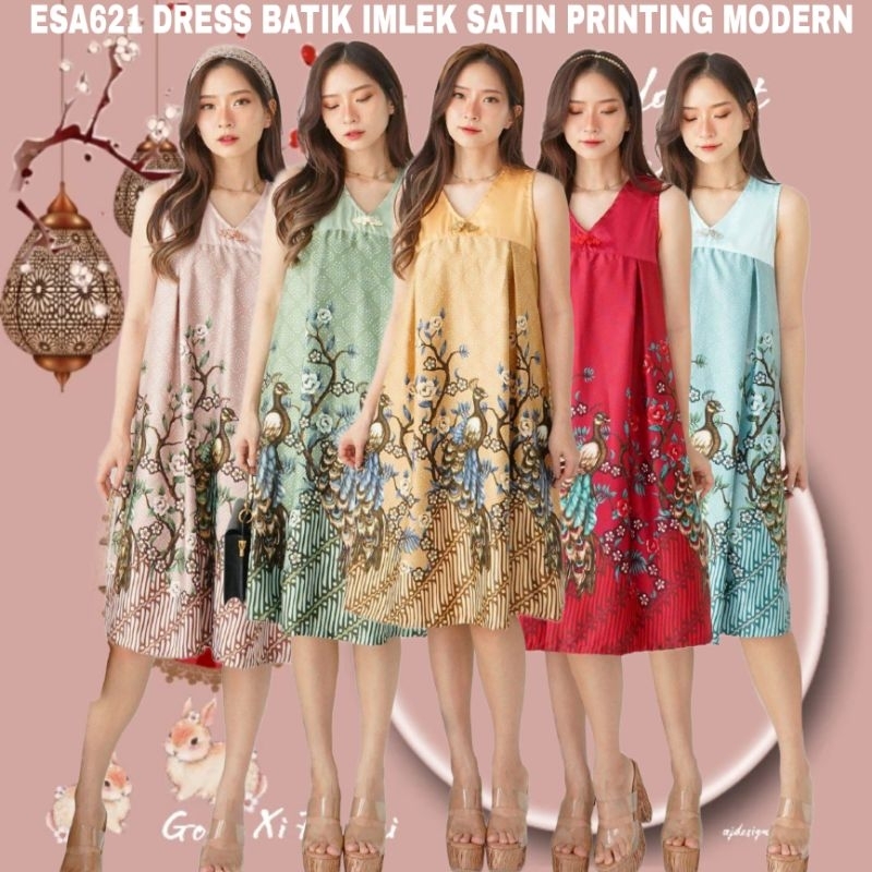 ESA621 BAJU BATIK SATIN MOTIF BURUNG CHEONGSAM DRESS IMLEK TRENDY NMODERN