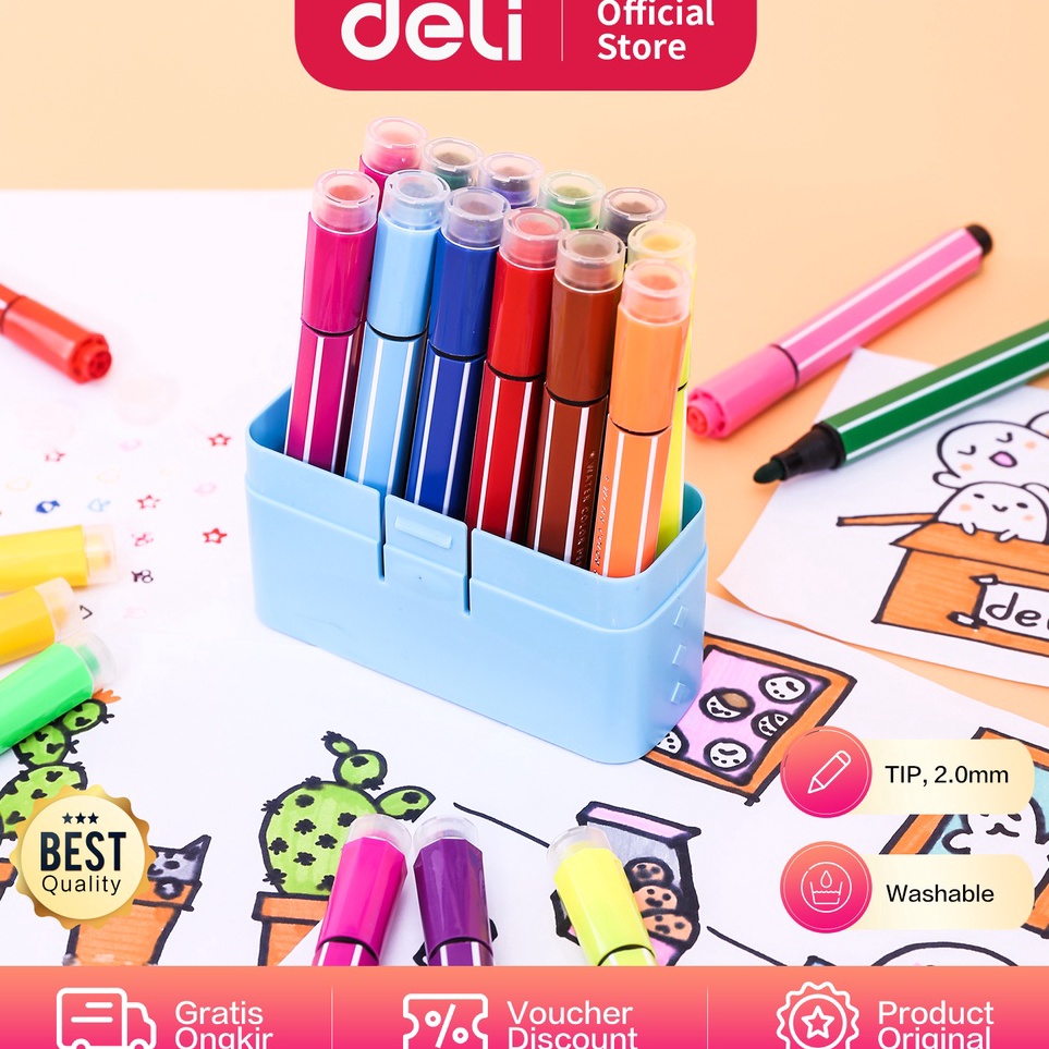 

ART X3W Deli Spidol 12 Warna Tinta tidak berbau dan tidak beracun Warna Cerah dengan Stampel 7652