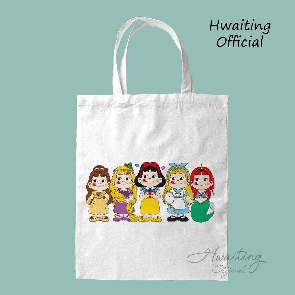 Tas Serut Bergambar Peko X Disney Cinderella Mermaid Snow White Tote bag Kanvas