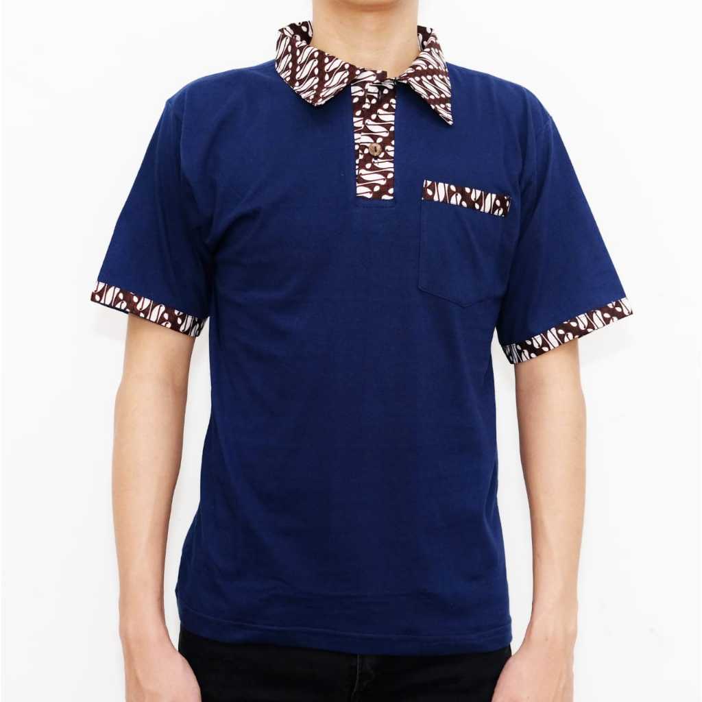 Kaos Krah Polo Batik Pria Lengan Pendek Warna Biru Donker Navy Premium Sari
