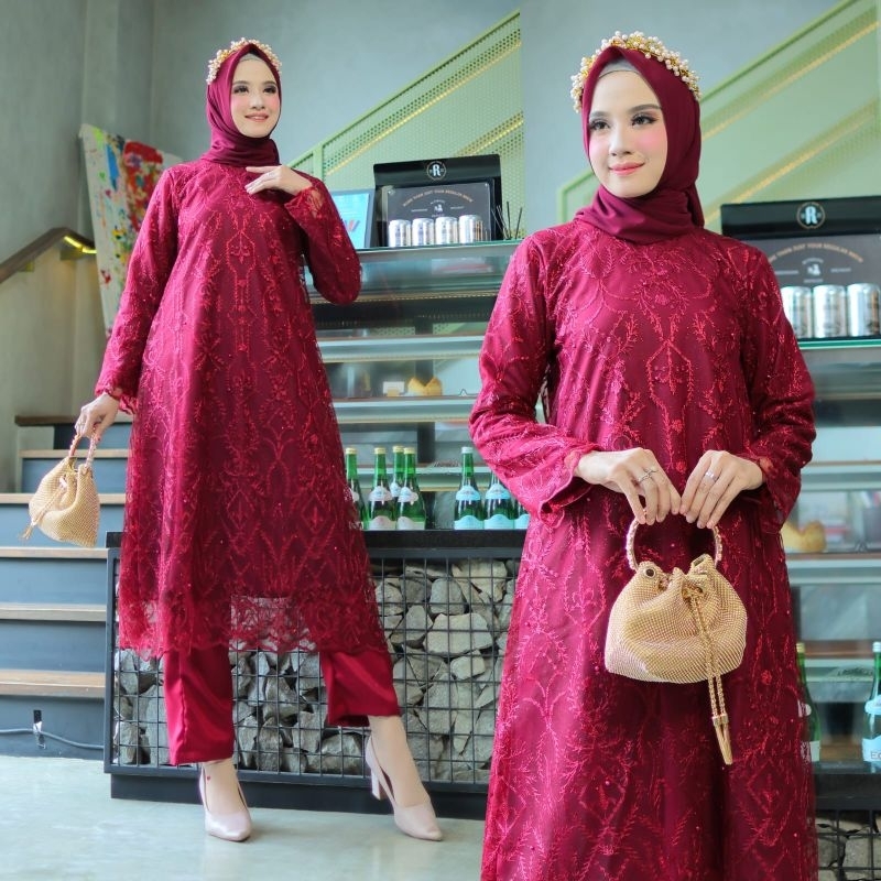 Baju Pesta Wanita Muslim Kondangan / Baju stelan Lebaran / Brukat Mewah Elegan Gaun Muslimah Terbaru