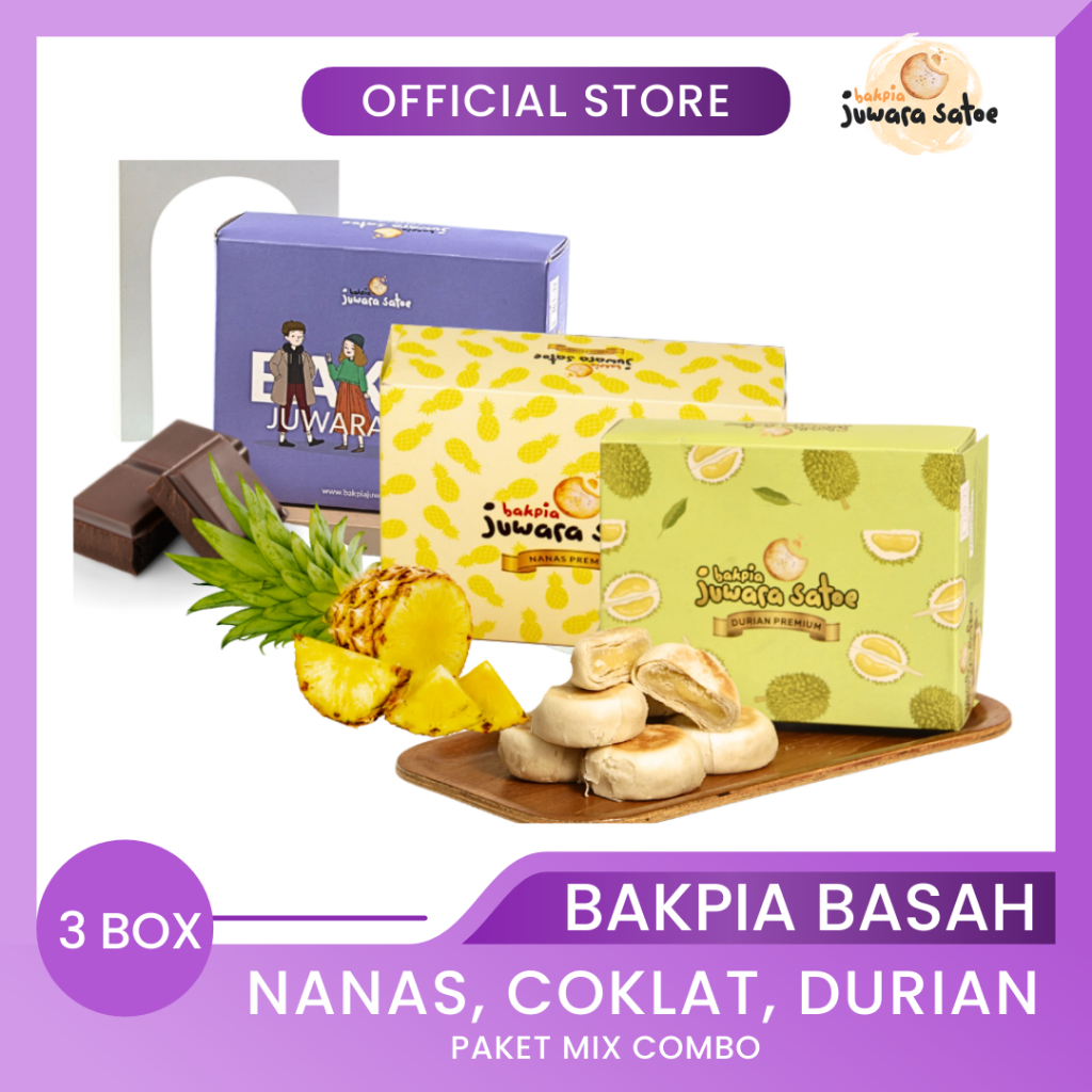 

BAKPIA JUWARA SATOE [ 3 Box ] Paket Mix Combo Bakpia Basah (Nanas, Coklat, Durian) - Oleh Oleh Khas Jogja