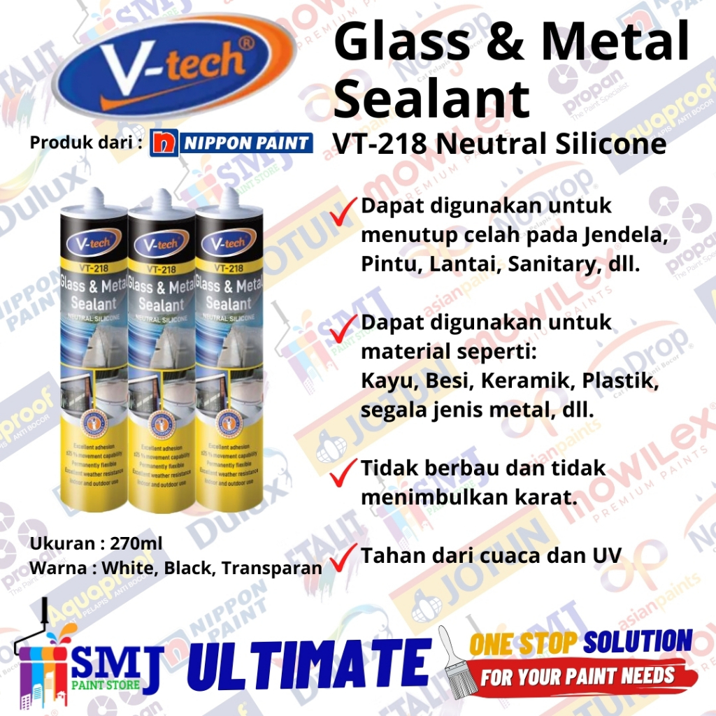 

Lem Silicone VTECH dari NIPPON PAINT Netral / Neutral Glass & Metal Sealant Warna White Putih 270ml