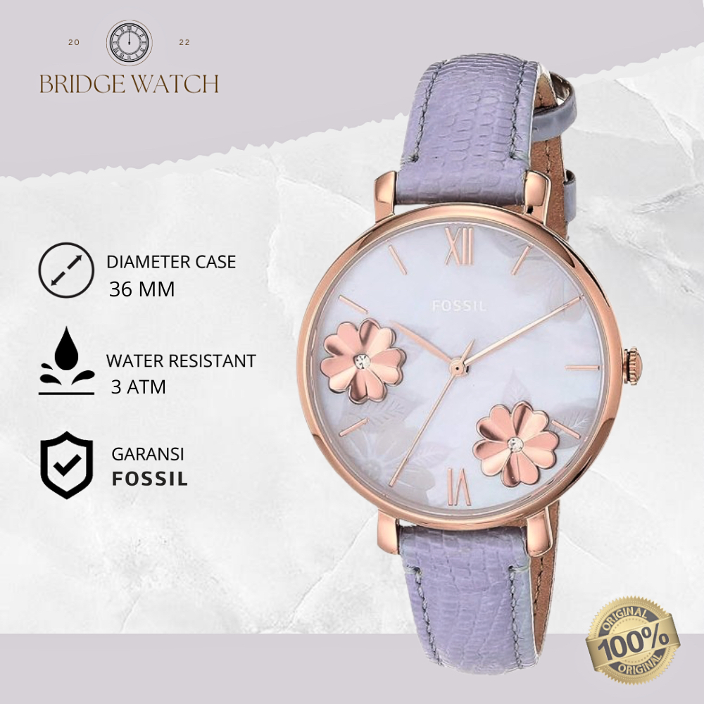 Jam Tangan Wanita Fossil ES4814 Jacqueline Floral Motif Light Blue Leather Strap Kulit Casual Elegan