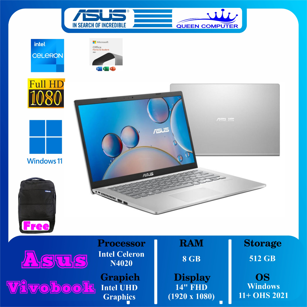 Laptop ASUS A416MAO Intel N4020 RAM 8GB SSD 512GB W11+OHS 2021 Silver